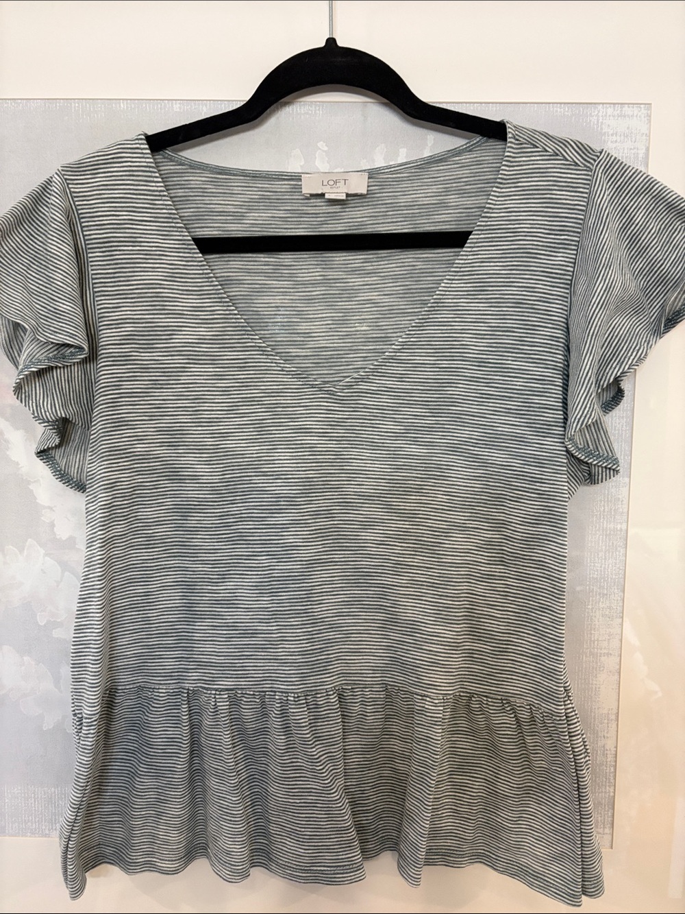 LOFT Striped V-Neck Peplum Top in Sage and White